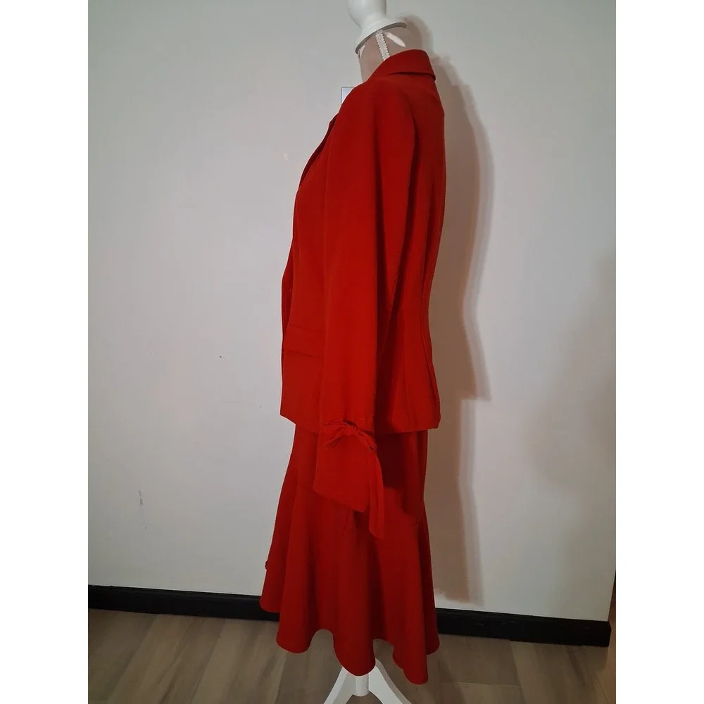 Nanette Nanette Lepore Womens Red 2 Piece Skirt Suit Blazer Set Size 8 Bow Cuff